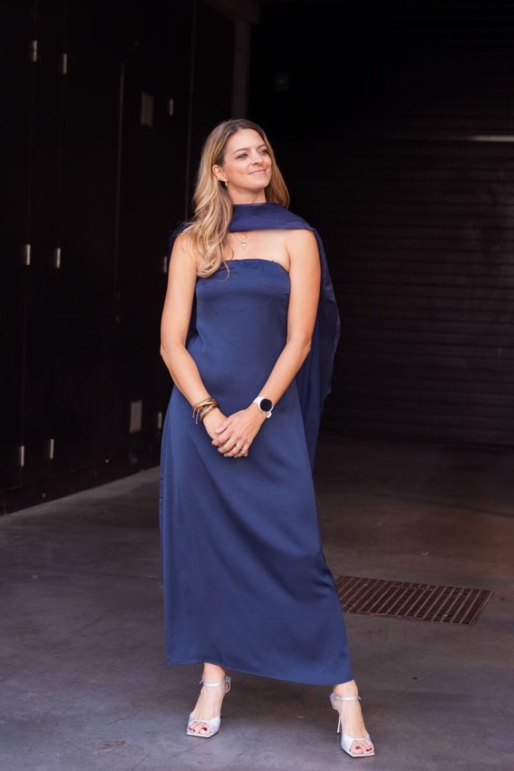 vima bandeau maxi dress navy blazer