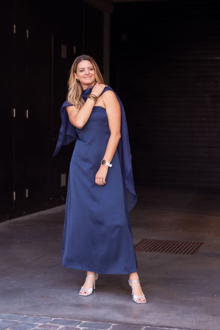 vima bandeau maxi dress navy blazer